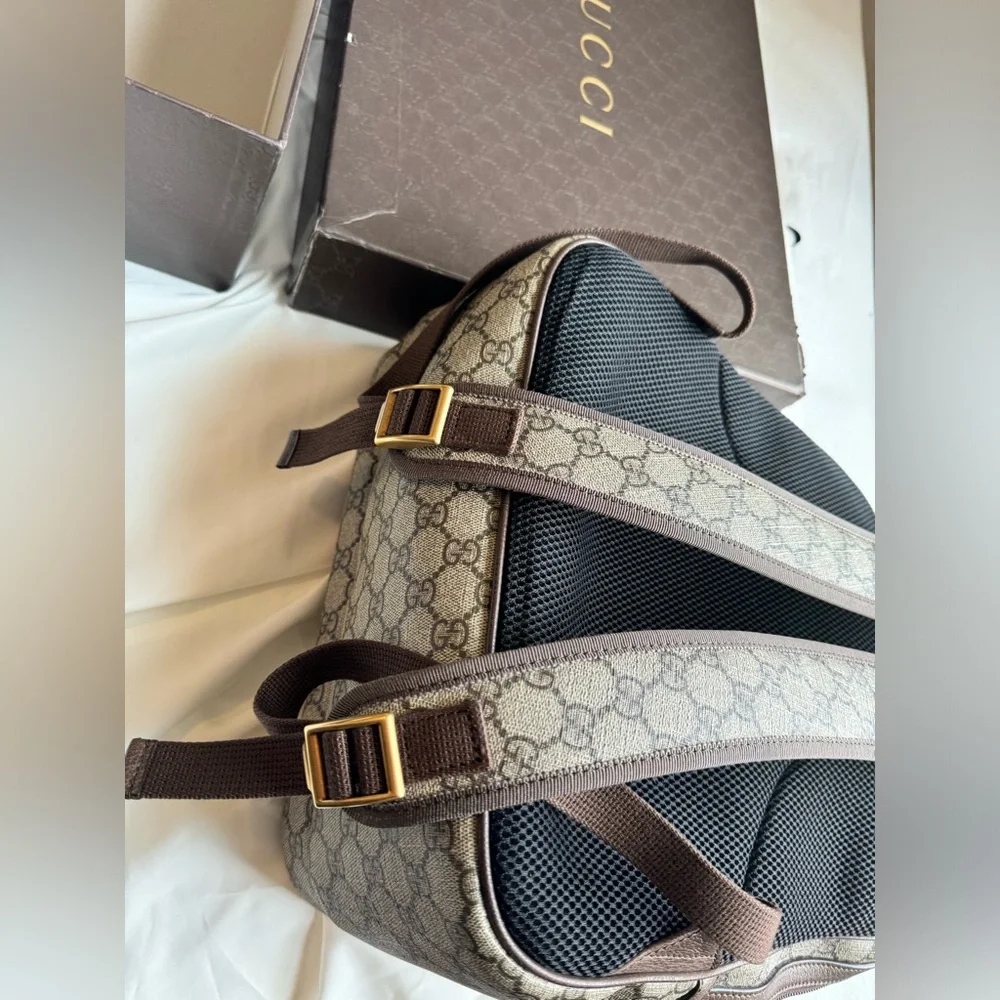Gucci Beige GG Canvas Backpack with Brown Leather and Red/Green Web